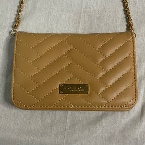 Bebe Sophia Tan Vegan Leather Quilted Crossbody Clutch Purse Chain Strap